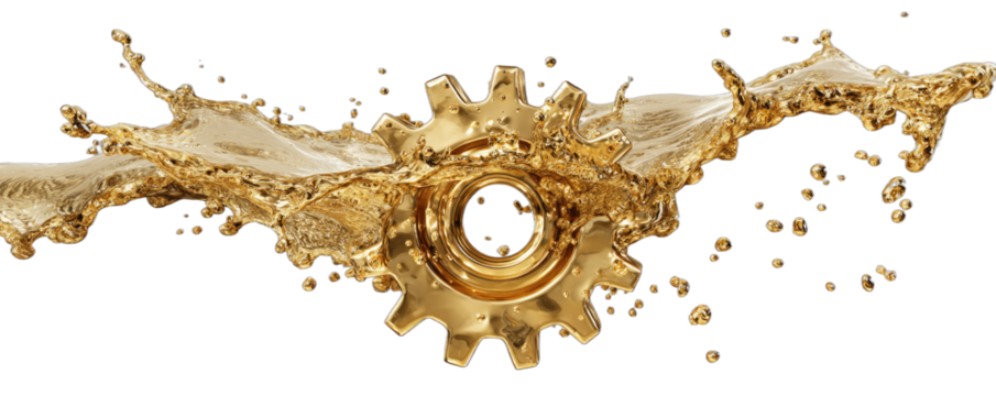 Golden gear wheel at the center of a dynamic golden liquid splash on black background