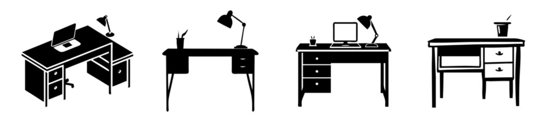 Fototapeta premium Collection of four black and white silhouette icons depicting various styles of desks, suitable for office or home study environments, isolated on