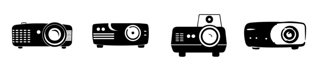 Assortment of black and white icons representing projectors, including different models and designs, used for presentations and visual displays, isolated on a