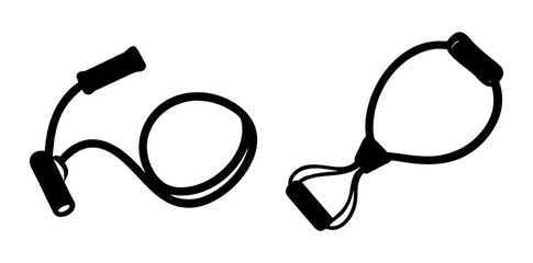 Two types of resistance bands for exercise, including a loop band and a band with handles, isolated on