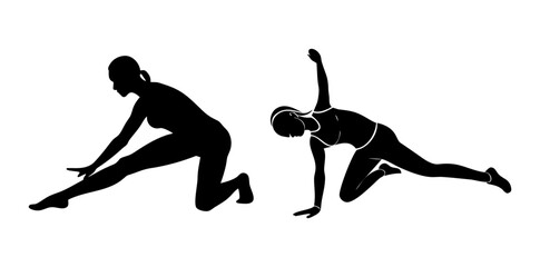 Two black silhouette female figures in yoga or stretching poses isolated on