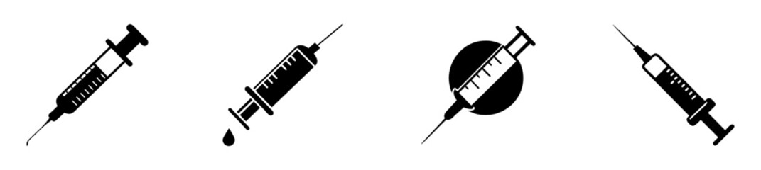 Collection of four black syringe icons isolated on, representing medical treatment, vaccination, and healthcare