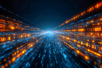 Futuristic glowing streams of blue and orange binary code flowing into a bright vanishing point symbolizing high-speed data transmission and digital connectivity