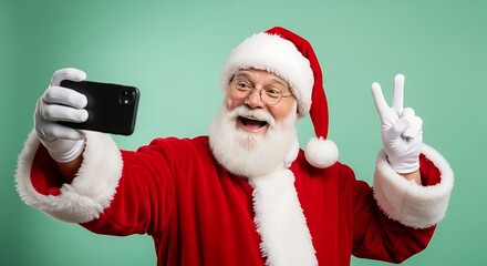 Santa Claus taking a selfie with a smartphone and making a peace sign.