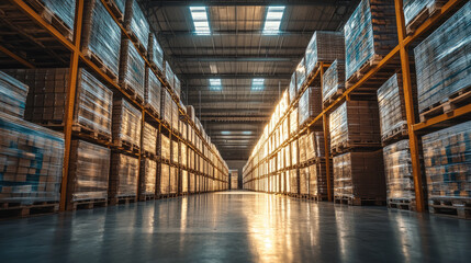 warehouse aisle with pallets of corrugated roofing sheets wrapped in protective film, industrial storage with variety of goods