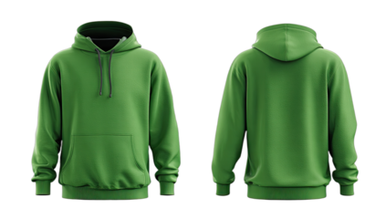 Plain green hoodie presented in front and back views against a black background