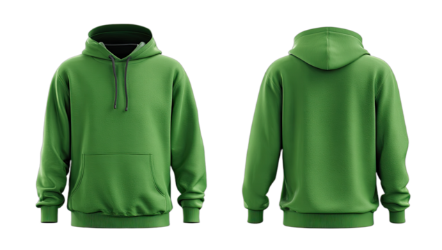 Plain green hoodie presented in front and back views against a black background