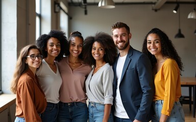 Portrait of happy millennial diverse professional team in loft office space. Group of multi ethnic employees gathering for corporate meeting and teamwork, looking at camera, smiling. Full length