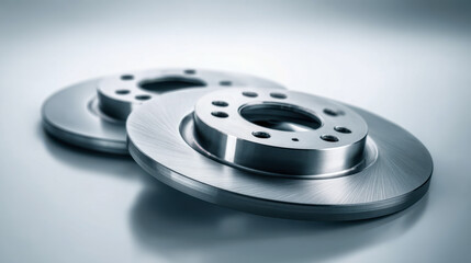 Pair of shiny metallic automotive brake discs with drilled holes for ventilated rotor design on a smooth reflective surface highlighting precision engineering and du