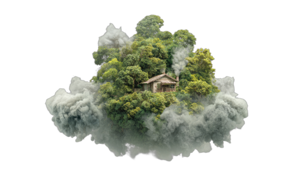 Small cabin on a floating island of lush trees and misty clouds on black background