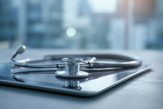 Stethoscope resting on a digital tablet symbolizing modern healthcare technology integration in a softly lit medical office environment