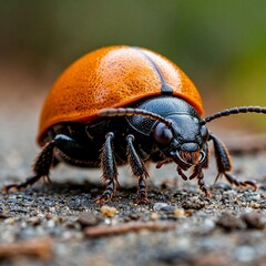 Close up of orange beetle with black head and long antennae walking on rough surface with blurred background