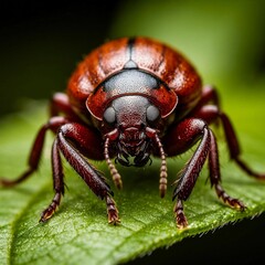 Macro shot of reddish brown beetle with textured body and legs on green leaf surface
