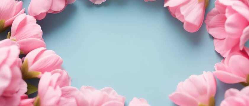 Blossoming Display, Pink Cherry Blossom Flowers, Studio, Floral Border, Flat Lay, Soft Blue Background, Copy Space Elegance