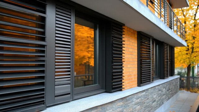 Architectural facade showcasing dark louvered window blinds, warm orange brick, and vibrant autumn tree reflections