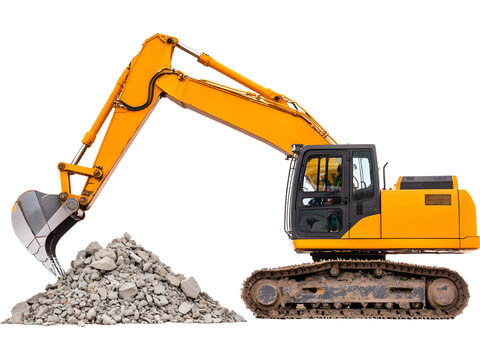 xcavator digger on white background with soil pile. Realistic industrial construction vehicle for engineering, industry or building concept.