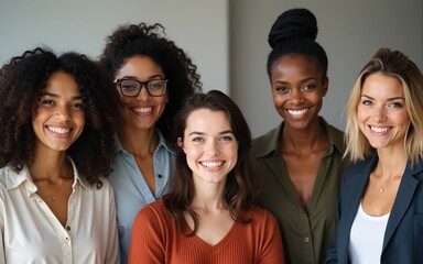 Diverse team of female business leaders standing together, looking at camera, smiling. Group portrait of happy diverse employees of different ages, company workforce, department staff. Head shot