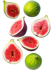 Fototapeta premium Fresh ripe figs with green leaves, isolated on white. Organic fruit composition ideal for food design, natural product packaging and advertising.