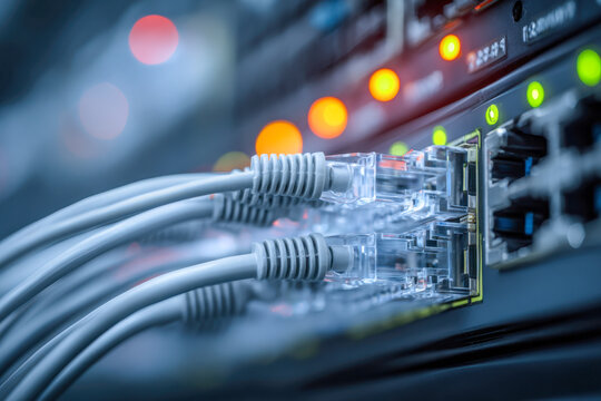 Ethernet cables connected to a network switch with glowing status lights representing data communication and internet connectivity in a server room environment