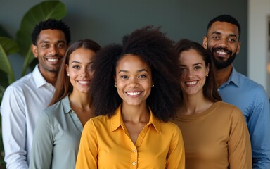 Portrait of happy multiethnic diverse employees colleagues pose together in office. Confident young successful African American businesswoman or team leader with staff show unity and leadership.