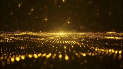 A mesmerizing field of golden particles flows across a dark background, illuminated by a bright light.