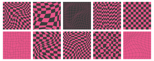 Psychedelic distorted checkered patterns set. Vector illustration of black and pink wavy squares, seamless trippy checkerboard background, abstract y2k geometric backdrop, hypnotic optical illusion