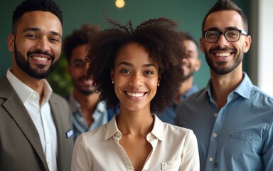 Portrait of happy multiethnic diverse employees colleagues pose together in office. Confident young successful African American businesswoman or team leader with staff show unity and leadership.