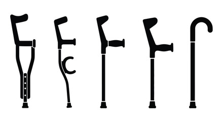 Different types of crutches and canes mobility aids for assistance
