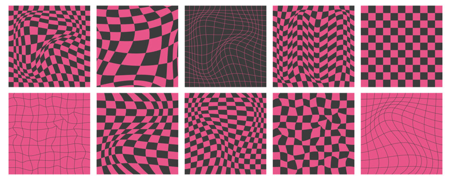 Psychedelic distorted checkered patterns set. Vector illustration of black and pink wavy squares, seamless trippy checkerboard background, abstract y2k geometric backdrop, hypnotic optical illusion