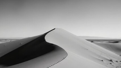 Panoramic black and white view of a desert sand dune. Minimalist landscape with abstract lines and dramatic shadows creating a powerful and serene natural background concept - Powered by Adobe