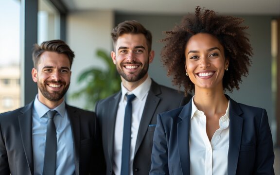 Young group people. Bright modern office, real estate team manager, latin person career goal. Man formal suit, casual male job Smiling woman curly, indoor ceo room. Happy banker boss. Staff unity work