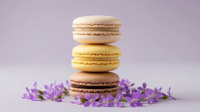 Image is a still life photograph featuring a stack of three macarons against a soft purple background. The macarons are arranged vertically, with the top one being a light beige color, the middle one 