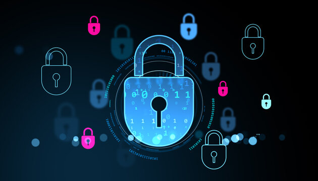 Glowing digital padlock with binary code and holographic security icons on dark background representing online data protection and cybersecurity system. 3D Rendering - Powered by Adobe