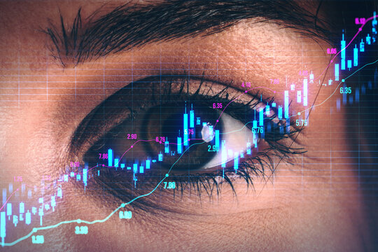 Close-up of human eye with financial stock market graph overlay on abstract digital background symbolizing data analysis and investment insight concept. - Powered by Adobe