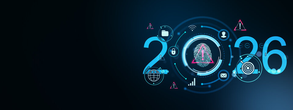 Futuristic digital fingerprint authentication and cybersecurity interface concept for the year 2026 on a dark tech background with glowing elements. 3D Rendering