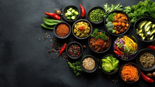 Colorful array of fresh vegetables and spices displayed on a dark background in a culinary setting for meal preparation