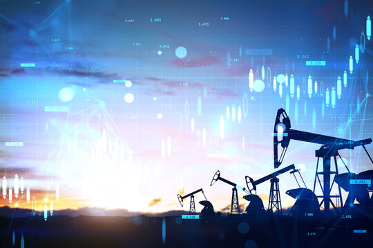 Oil pump jacks with financial data overlay at sunset on creative light background showing energy industry and stock market trends concept.