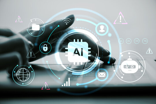 Artificial intelligence concept with digital interface symbols overlaying hand typing on keyboard on light background, symbolizing machine learning tech. - Powered by Adobe