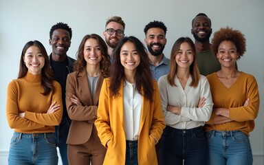 Portrait of standing in row smiling diverse team posing differently looking at camera. Happy young multiethnic corporate staff, bank workers photo shoot, HR agency recruitments. High quality