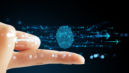 Finger scanning biometric fingerprint with digital light and data arrows on virtual background for cybersecurity authentication concept.