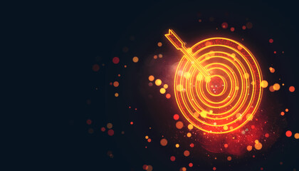 Glowing neon target icon with arrow symbolizing digital goal achievement on dark abstract background with light particles and modern design. 3D Rendering