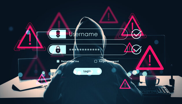 Hacker in hoodie with login interface and warning signs on dark background highlighting online cybercrime and digital security threat concept.