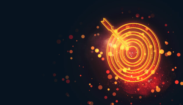 Glowing neon target icon with arrow symbolizing digital goal achievement on dark abstract background with light particles and modern design. 3D Rendering