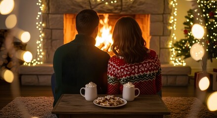A cozy couple sits by a warm fireplace, enjoying hot chocolate and cookies during the festive Christmas holiday season.