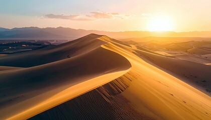 Vast sand dunes bathed in the warm glow of sunrise, with rolling hills and mountains in the distance.