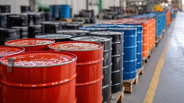Colorful rows of storage drums in a warehouse setting with organized displays of liquid containers