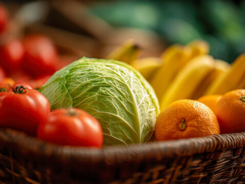 Fresh basket of assorted colorful vegetables and fruits including green cabbage, bright red tomatoes, ripe bananas, and vibrant oranges displayed for healthy eating