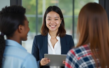 Interactive discussion. Happy smiling Asian woman team leader project manager hold open dialogue on briefing with diverse multiracial corporate team ask opinions listen to ideas insights propositions