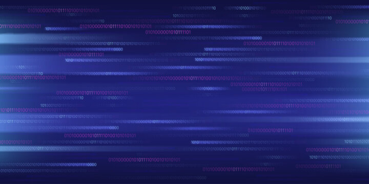 Binary code matrix background with cyber data streams in blue and pink. Abstract digital interface with computer programming numbers, futuristic technology backdrop for security or network concepts.