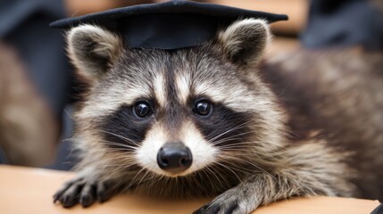 Raccoon wearing graduation cap during a fun celebration at a school ceremony in a classroom setting